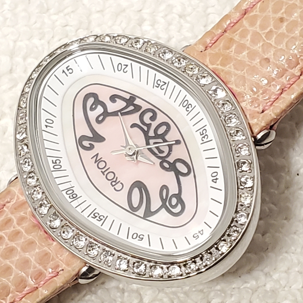 Croton Diamonds Bezel Women's Watch Pink Genuine Strap Mother Pearl Dial Vintage - Picture 3 of 12